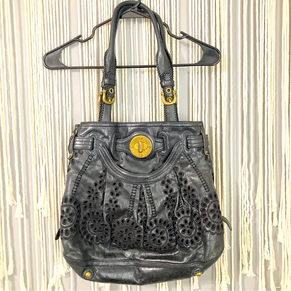 Black Lockhart Purse Daisy Perforated Floral Eyelet Embroidered Shoulder Bag